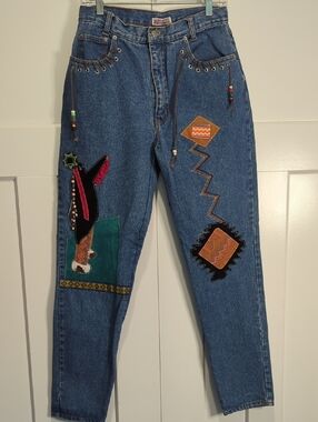 Vintage 1990's Dakota Blue Jeans With Native American Style Patchwork Size 11/12